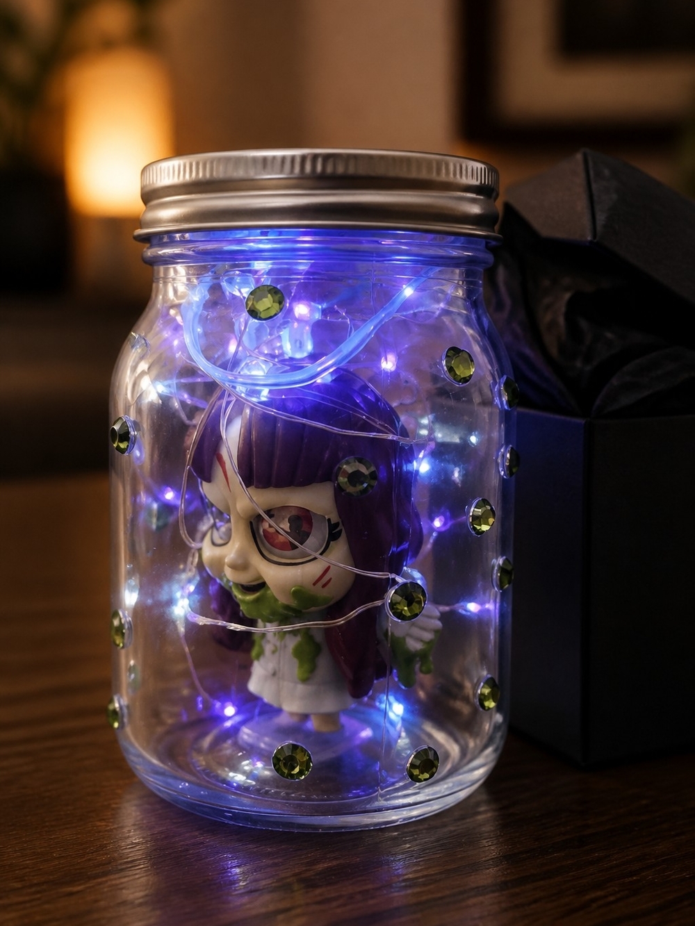 Black Light LED Fairy Light Jar with Collectible Figure Displayed - Picture 2 of 15